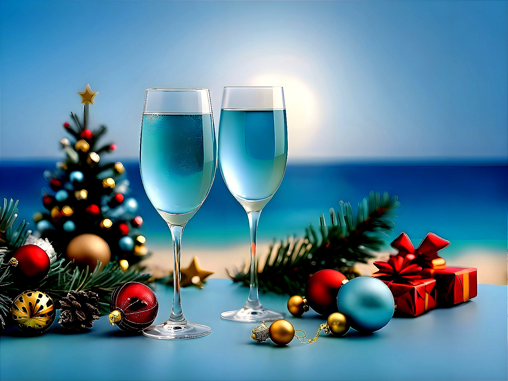 Elegant Glasses with Blue Drink and Holiday Decor
