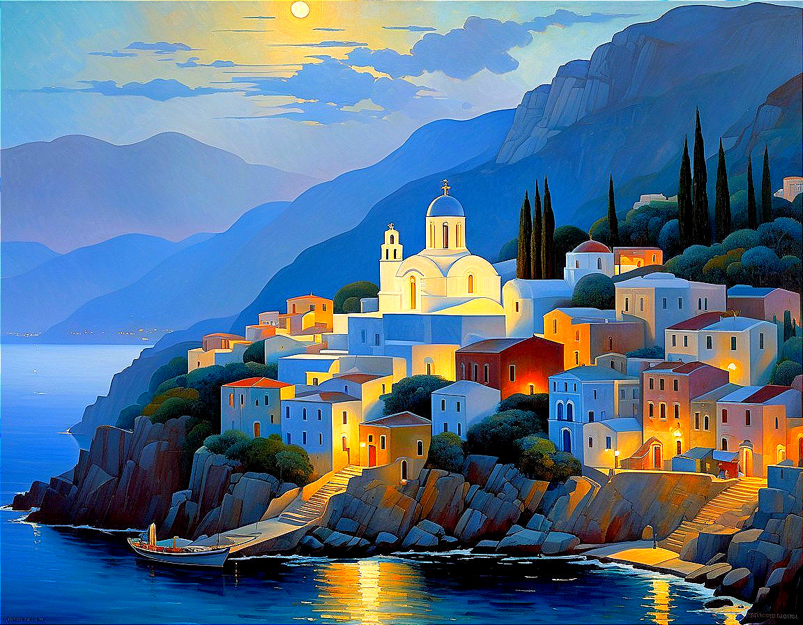 Tranquil Coastal Village Under Moonlight Glow