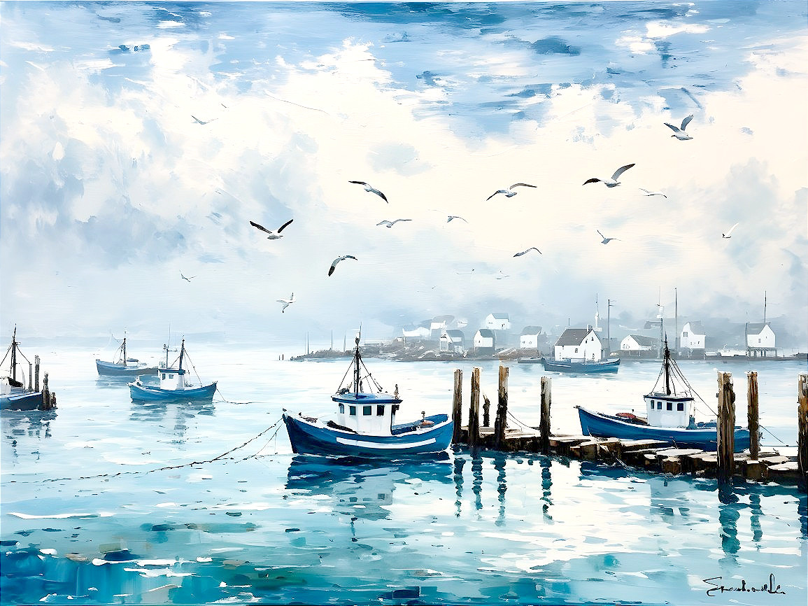 Coastal Harbor with Blue Fishing Boats and Seagulls