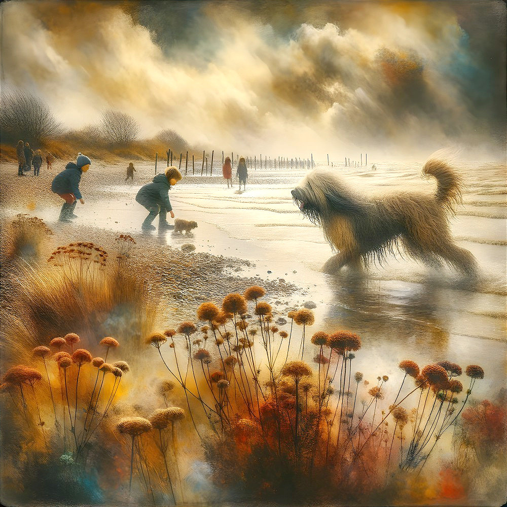 Serene Beach Scene with Children and Dog at Dusk