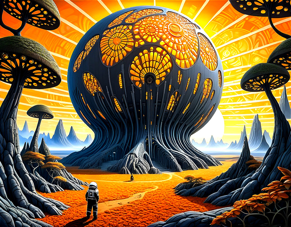 Surreal Landscape with Futuristic Orb and Astronaut