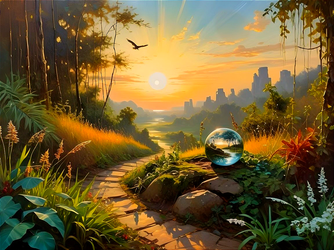 Serene Sunset Landscape with Winding Path and Cityscape