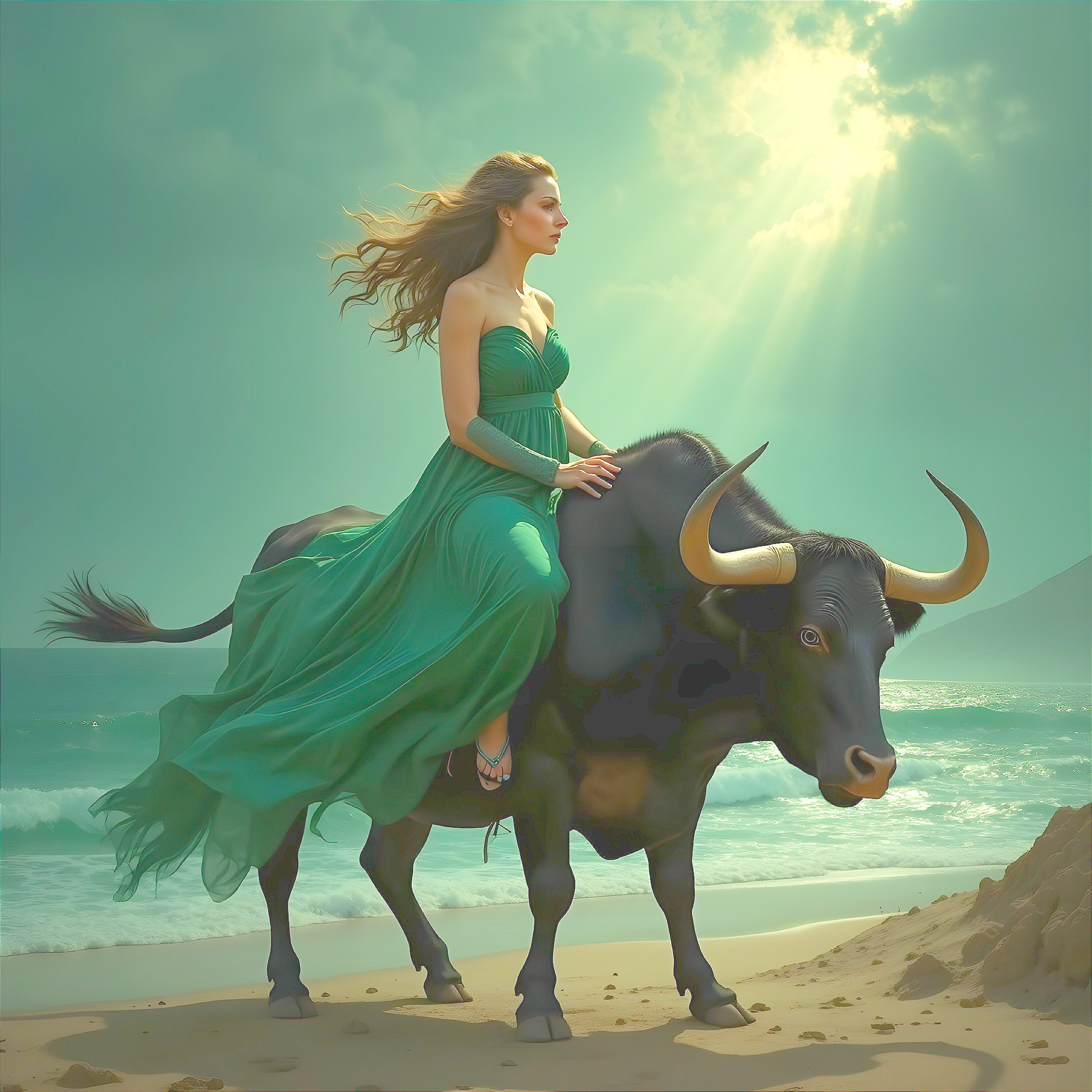 Woman in Green Dress on Bull at Serene Beach