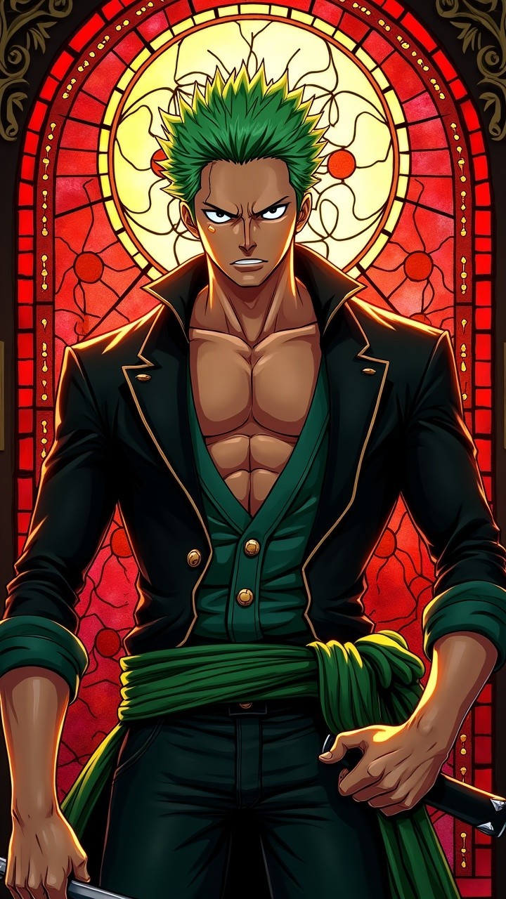 Muscular Character with Sword by Stained Glass Window