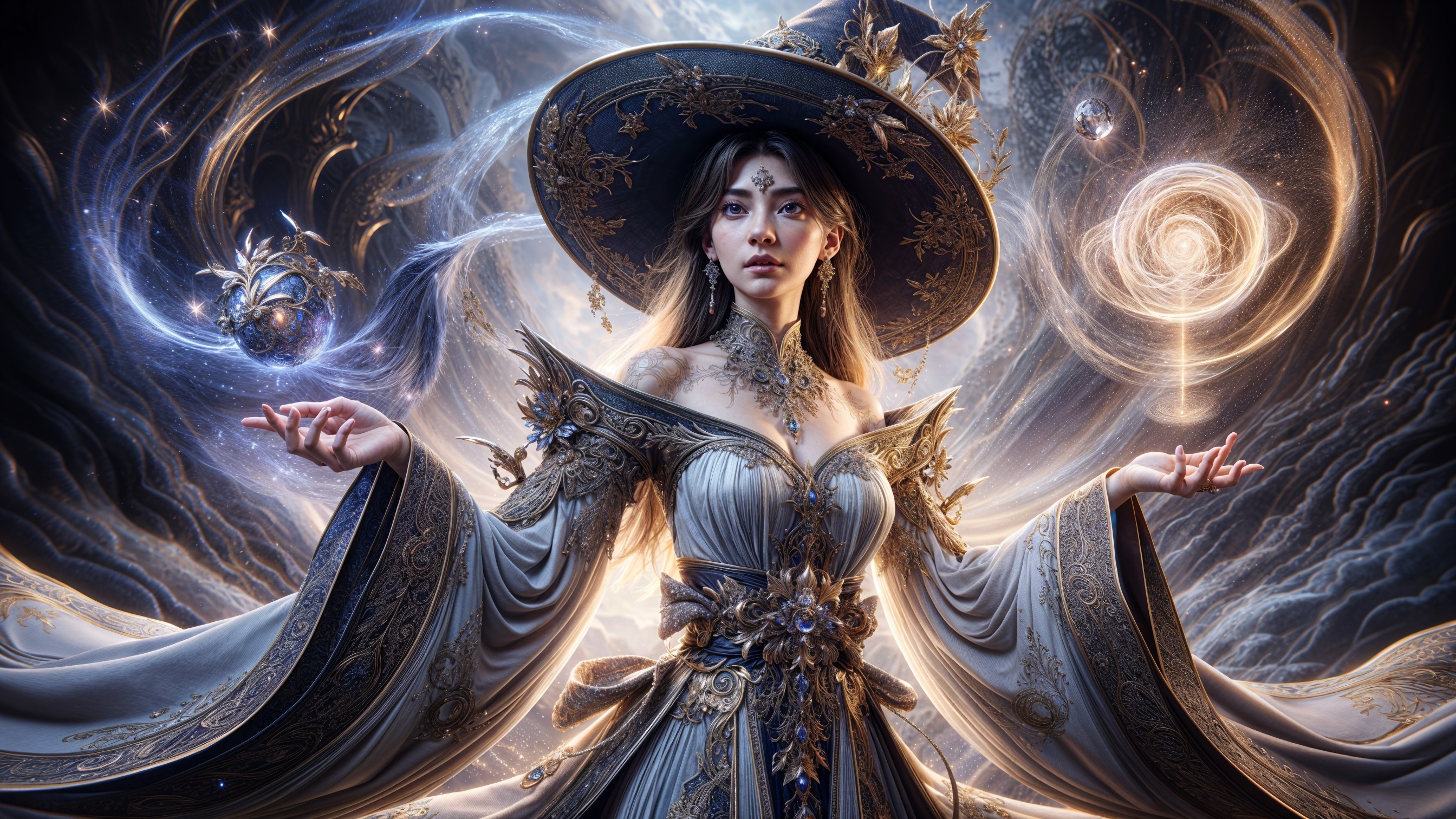 Mystical Figure in Elegant Gown Surrounded by Light
