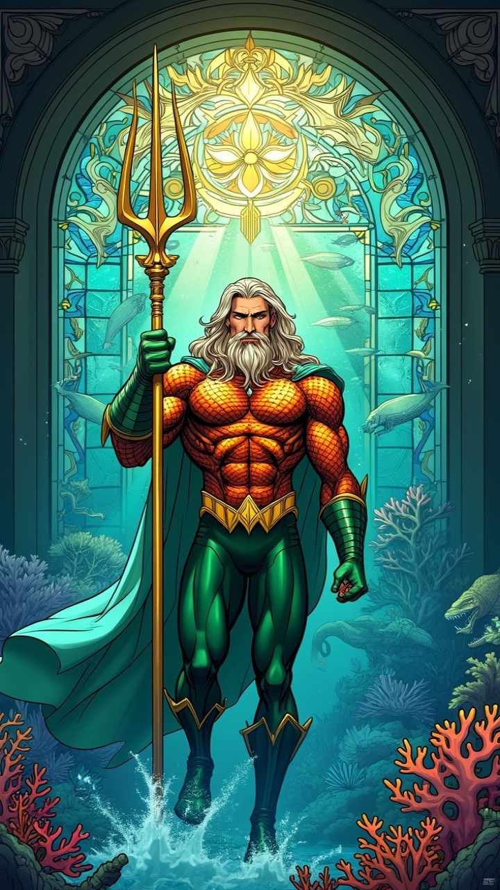 Underwater Hero with Golden Trident and Aquatic Life