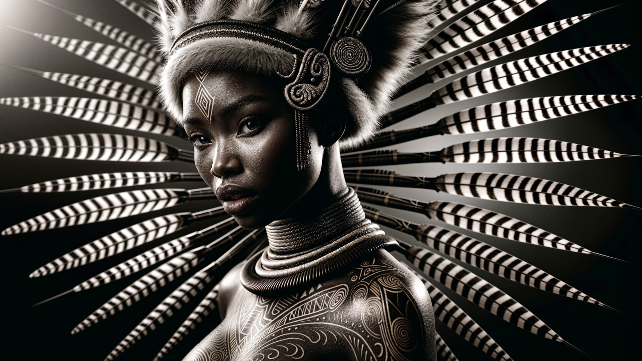 Portrait of a Woman with Body Art and Feather Headdress