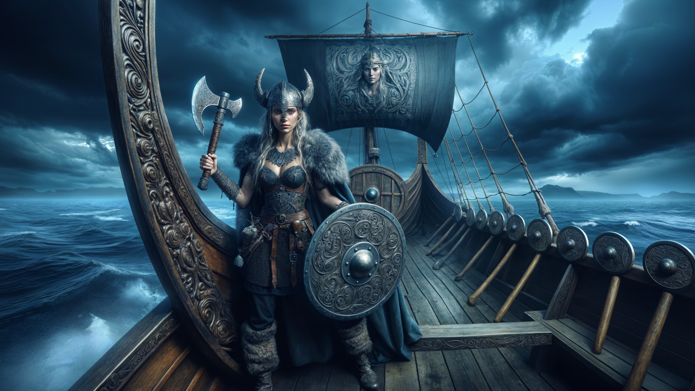 Viking Warrior on Longship Amid Stormy Seas