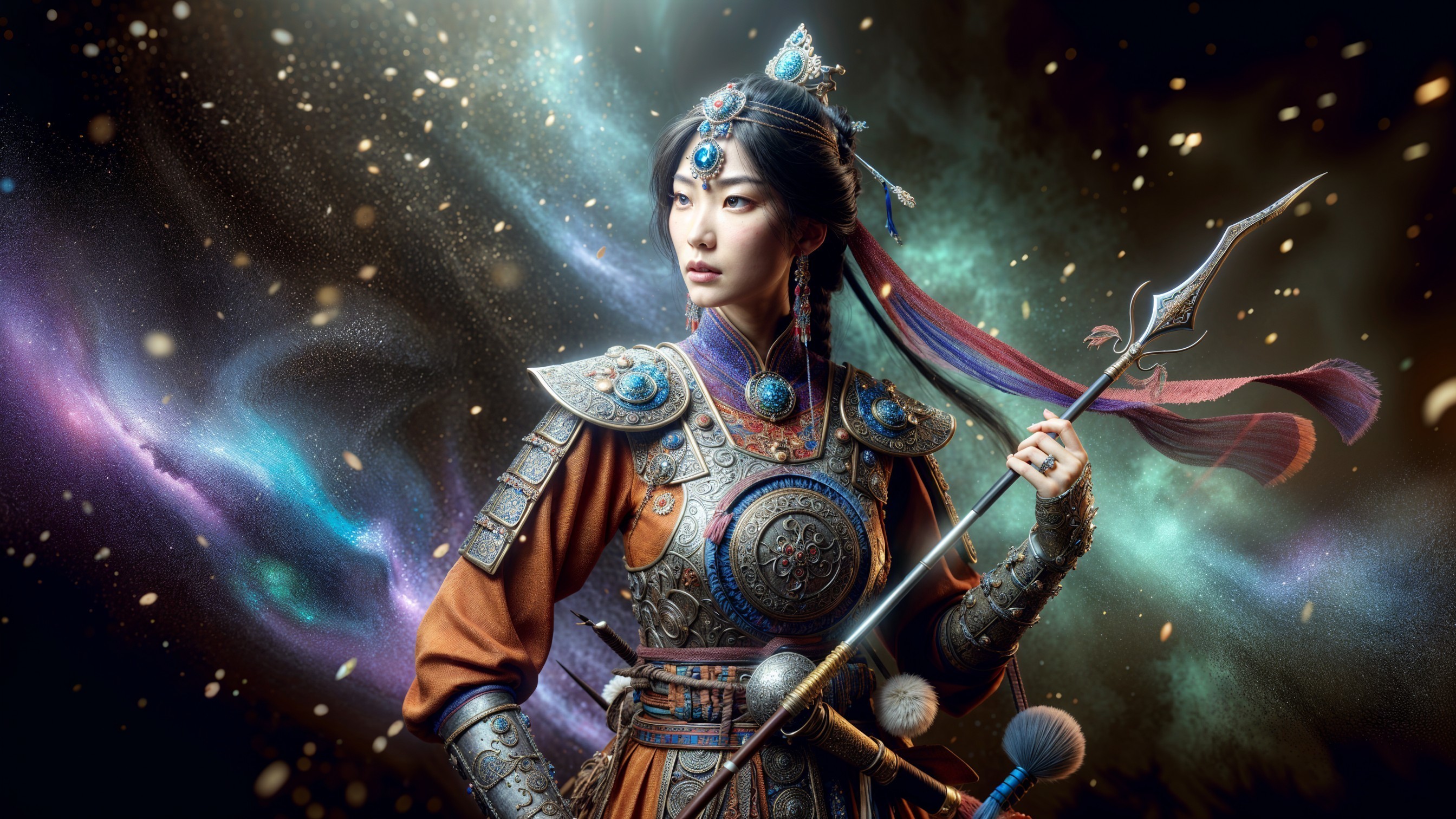 Female warrior in ornate armor with cosmic background