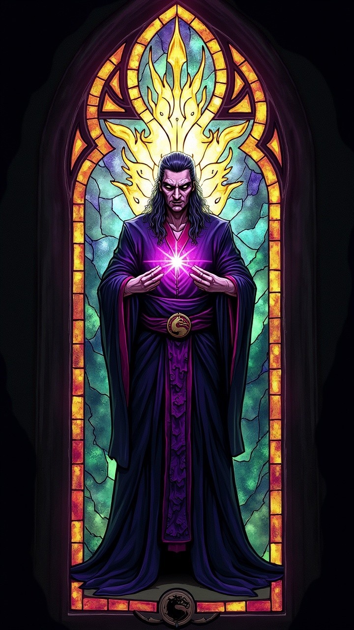 Mystical Figure with Purple Aura by Stained Glass Window