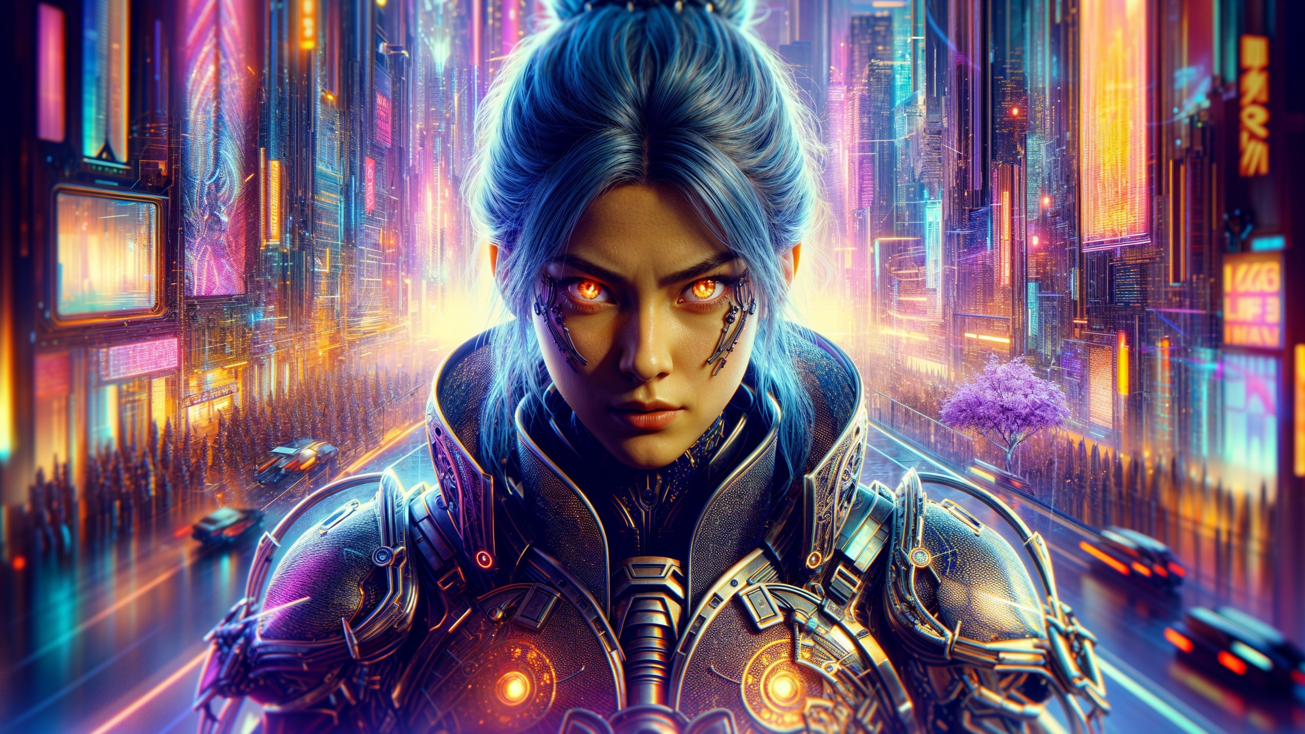 Futuristic cityscape featuring a fierce armored figure