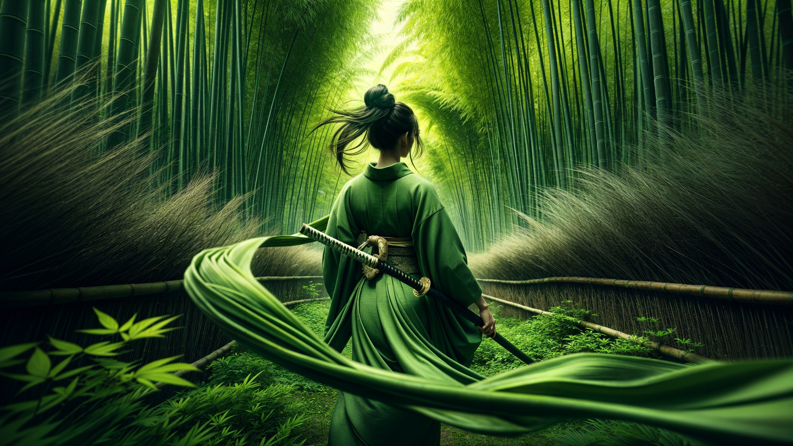 Figure in Green Kimono by Bamboo Forest with Katana