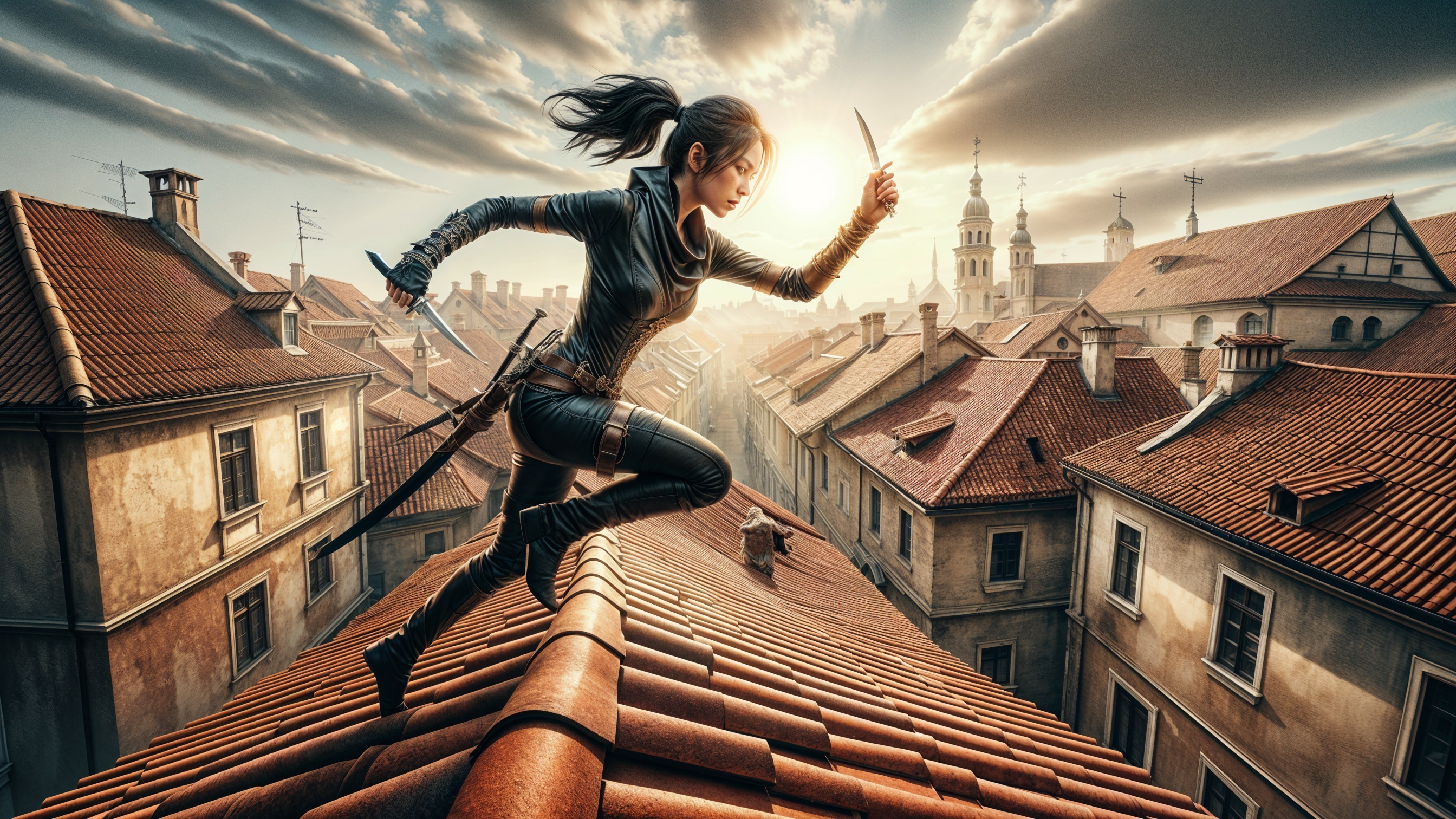 Warrior Leaping Across Rooftops in Ancient City