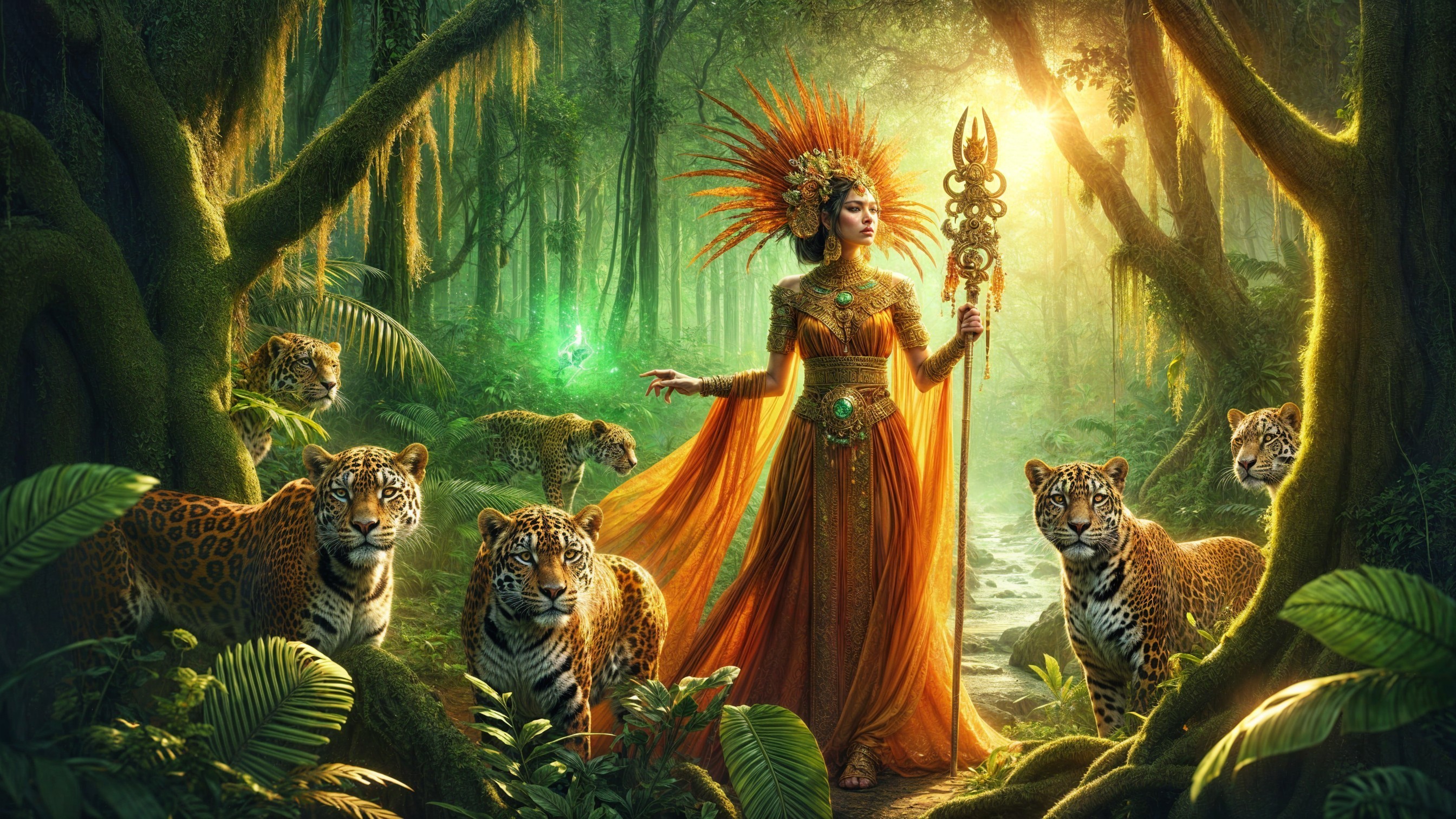 Regal figure in ornate gown amidst jungle and leopards