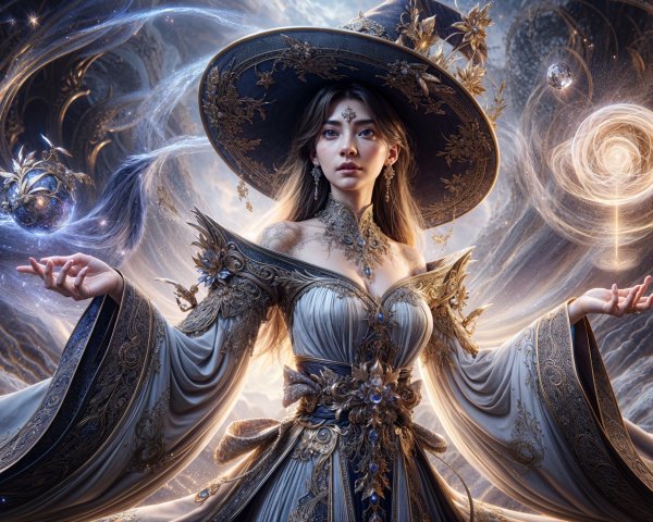 Mystical Figure in Elegant Gown Surrounded by Light