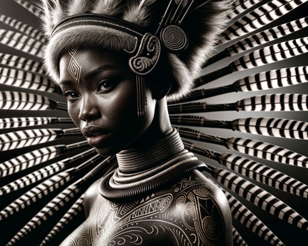 Portrait of a Woman with Body Art and Feather Headdress