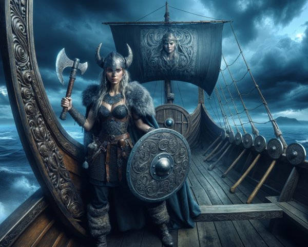 Viking Warrior on Longship Amid Stormy Seas