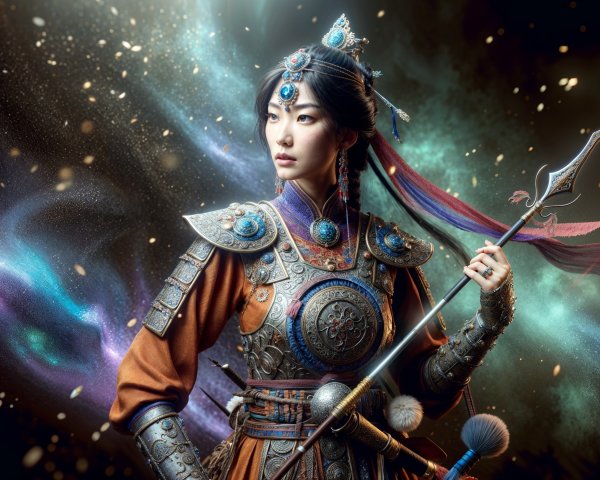 Female warrior in ornate armor with cosmic background