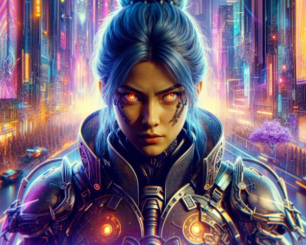 Futuristic cityscape featuring a fierce armored figure