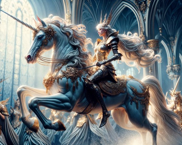 Unicorn and Warrior in Ethereal Grand Setting