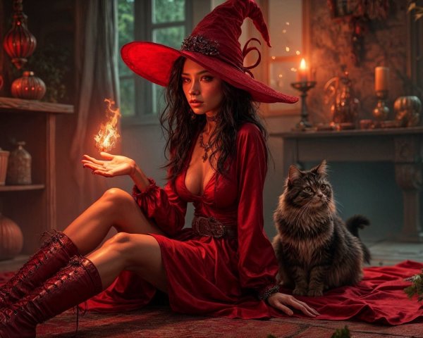 Woman in Red Dress Surrounded by Pumpkins and Candles