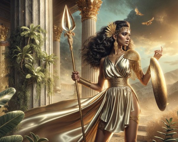 Majestic warrior woman in golden dress and armor