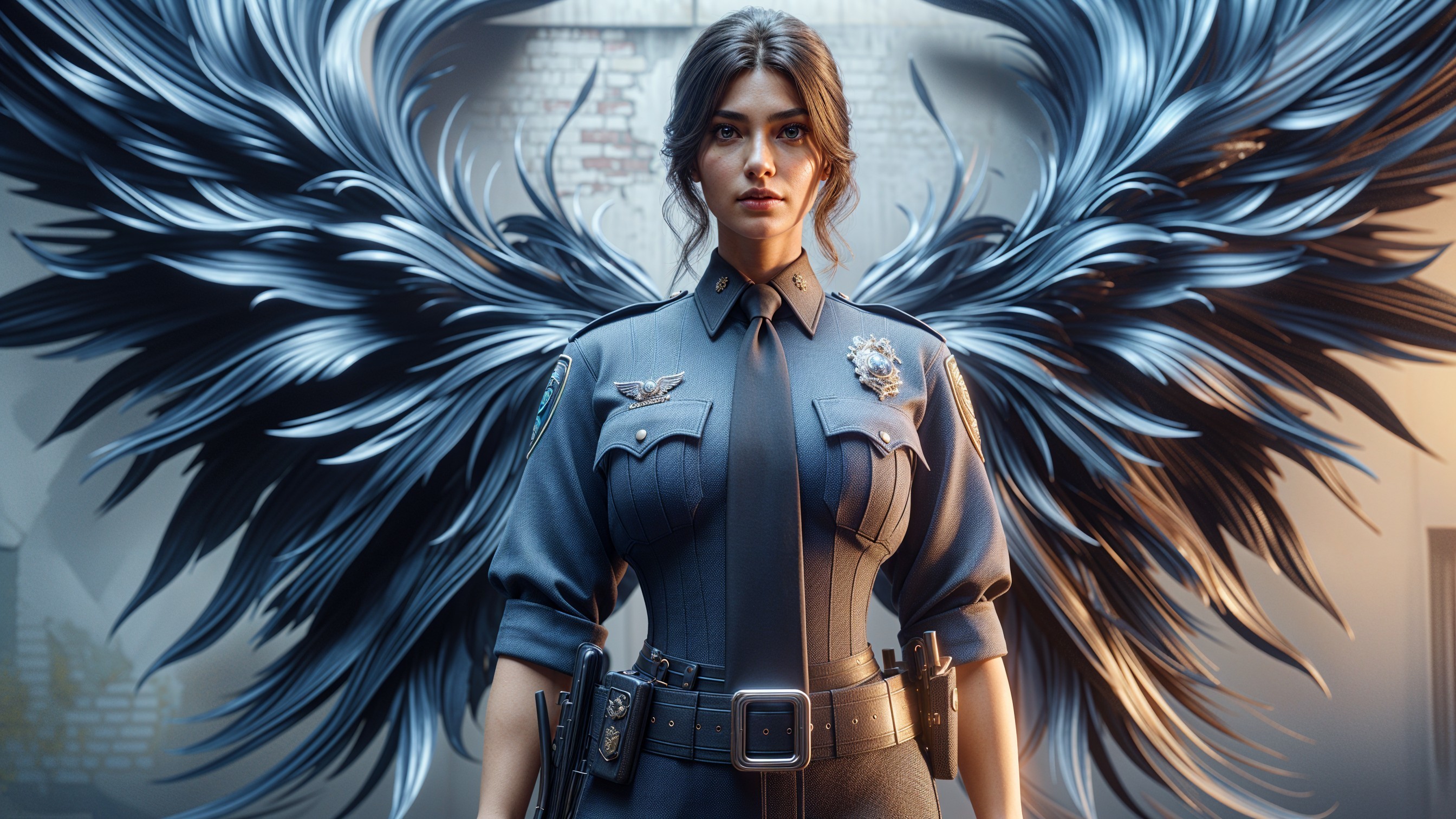 Confident Female Officer with Symbolic Black Wings