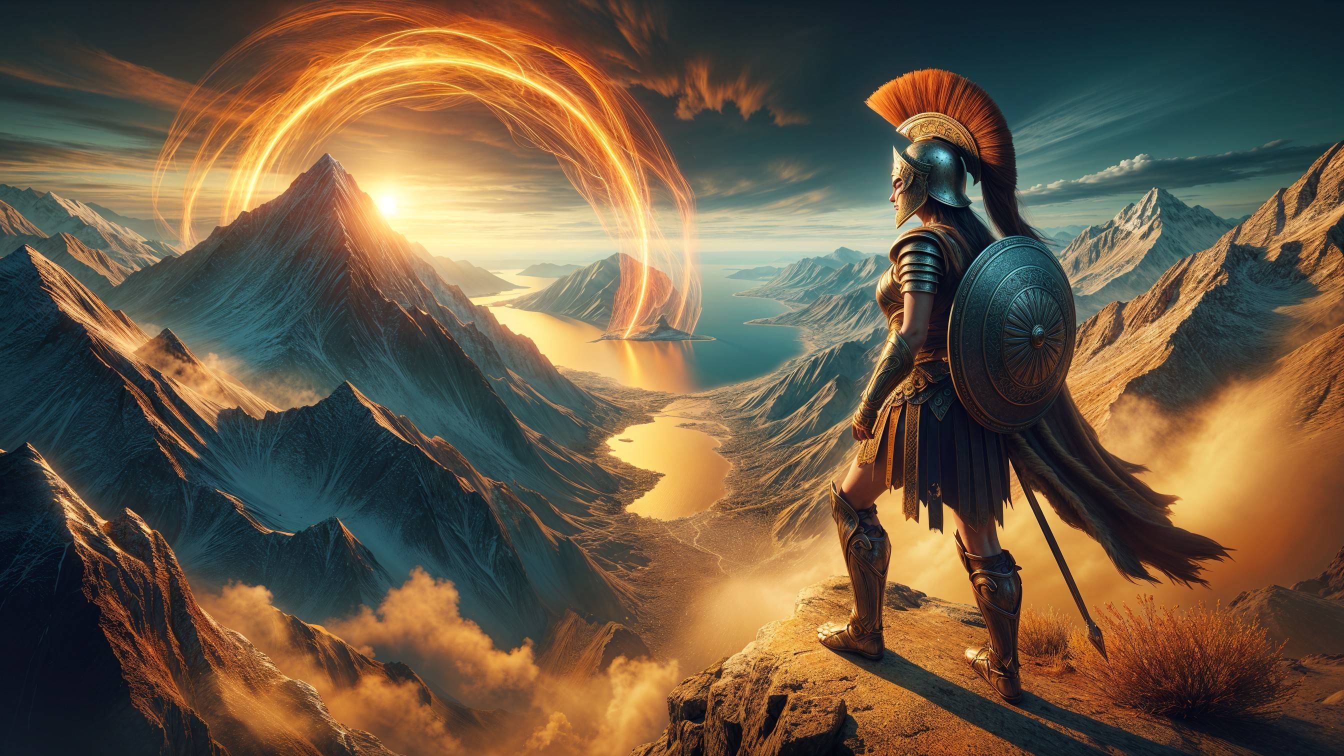 Warrior on Mountain Peak at Sunset with Ethereal Light