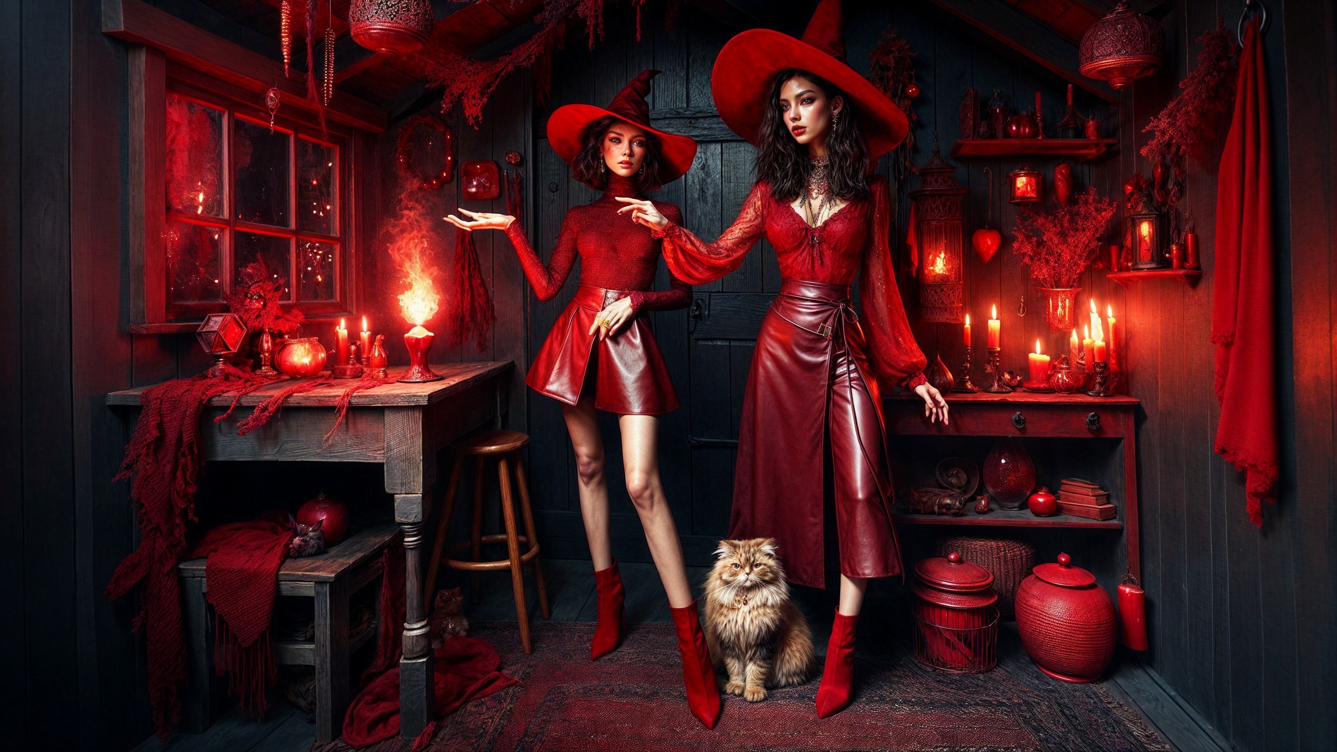 Women in Red Outfits in Enchanting Dimly Lit Room