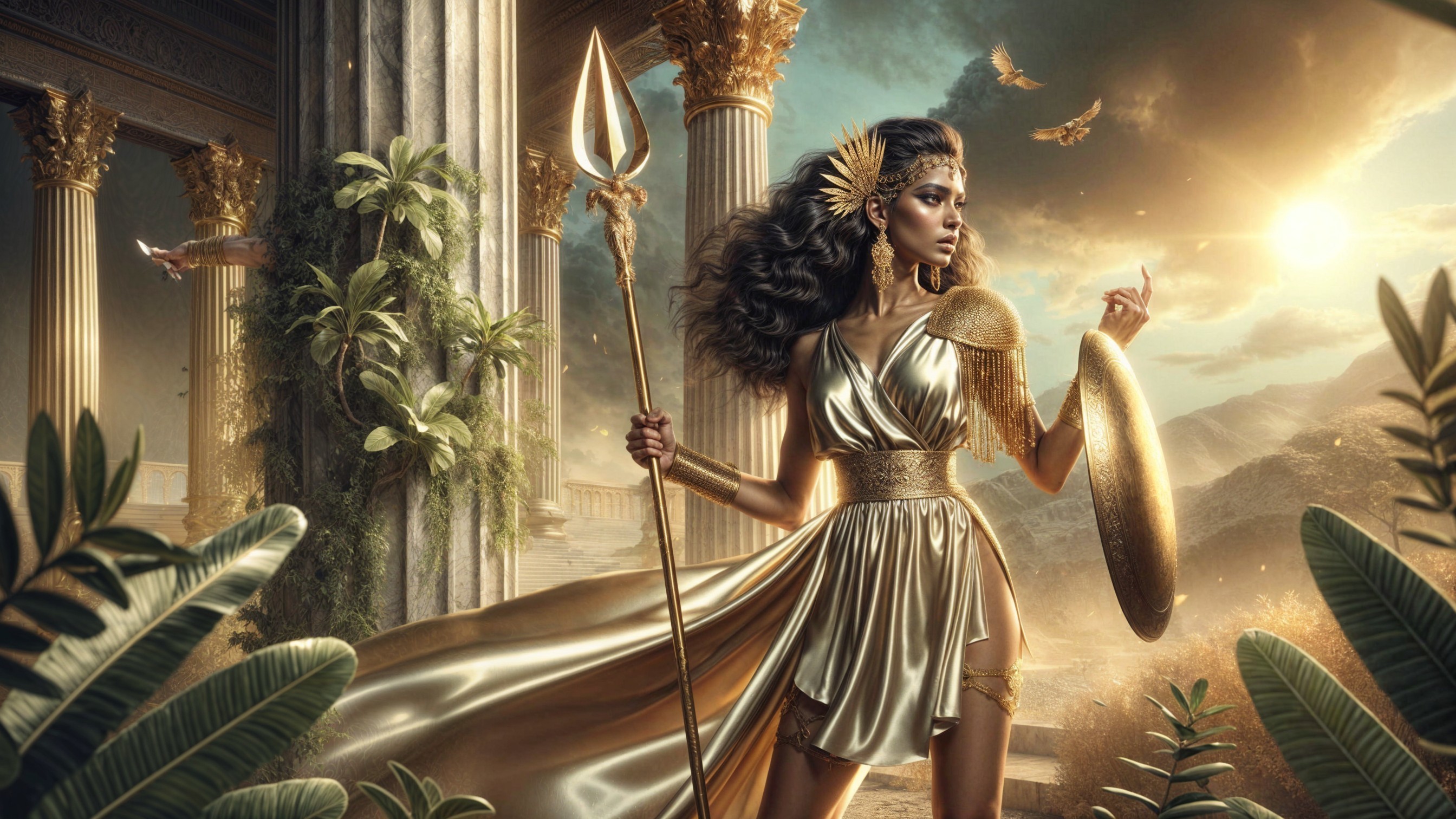 Majestic warrior woman in golden dress and armor