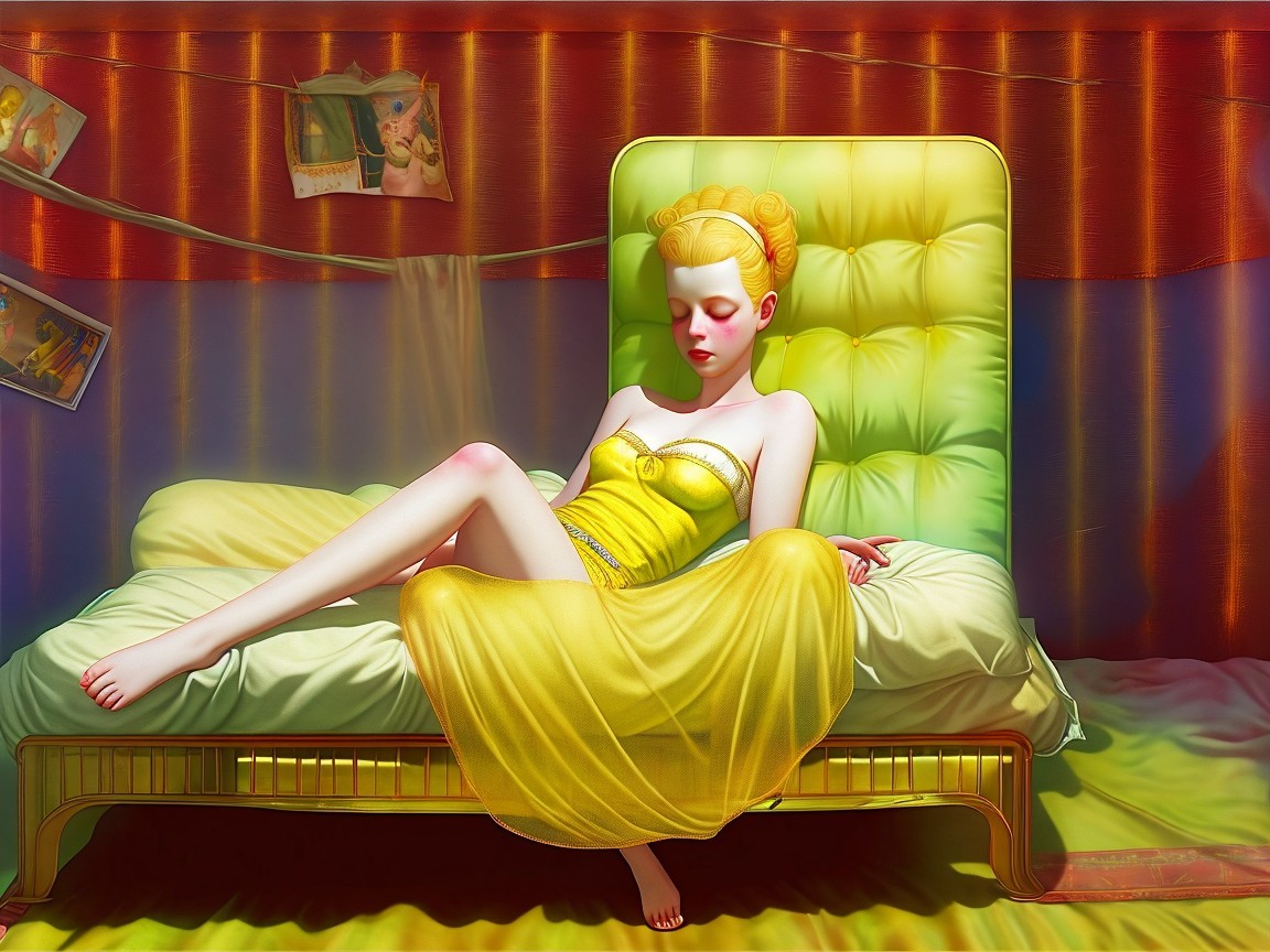 Dreamy Retro Bedroom with Elegant Figure in Yellow Dress