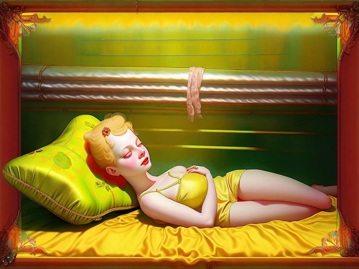 Serene Setting with Young Woman on Yellow Bedding
