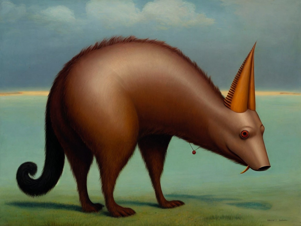 Surreal Creature with Brown Fur in Minimalist Landscape