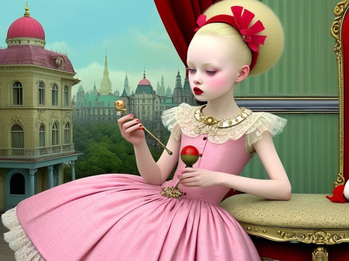 Whimsical Doll in Pink Dress Amidst Grandeur