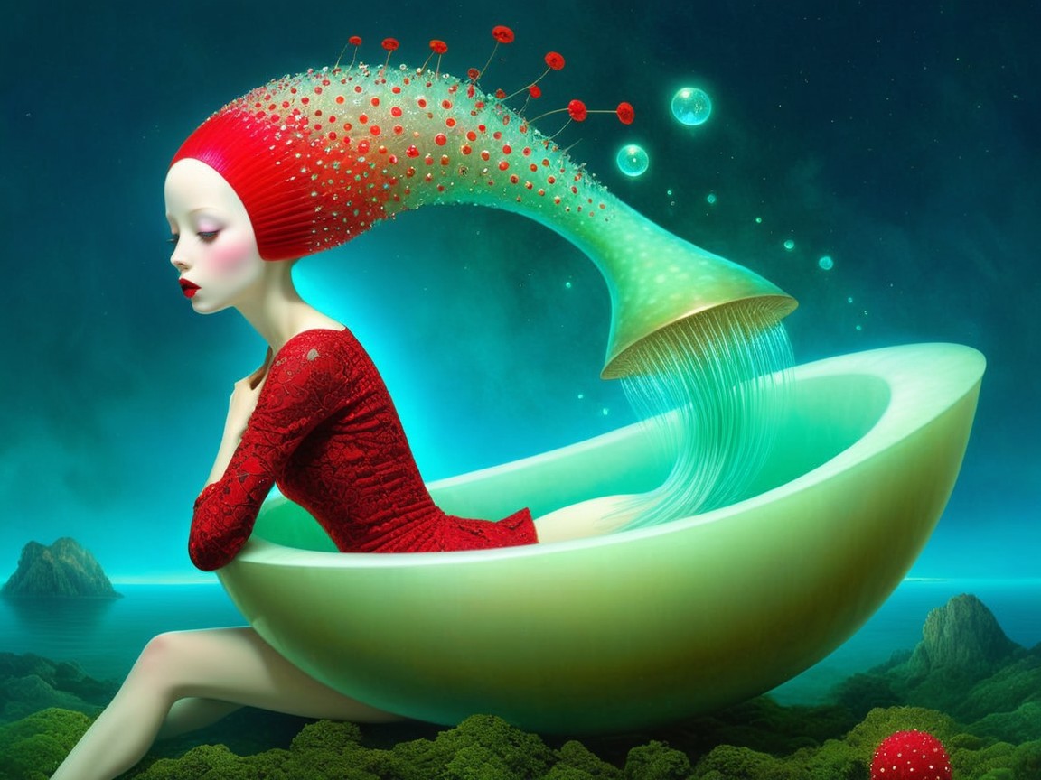 Surreal Scene of Woman in Futuristic Vessel and Dress