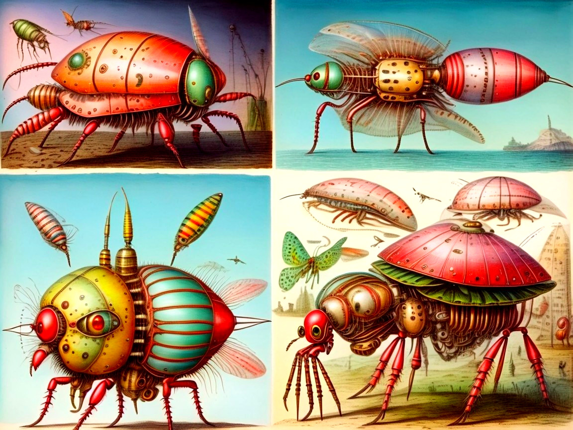 Steampunk-Inspired Insect Robots in Surreal Landscape