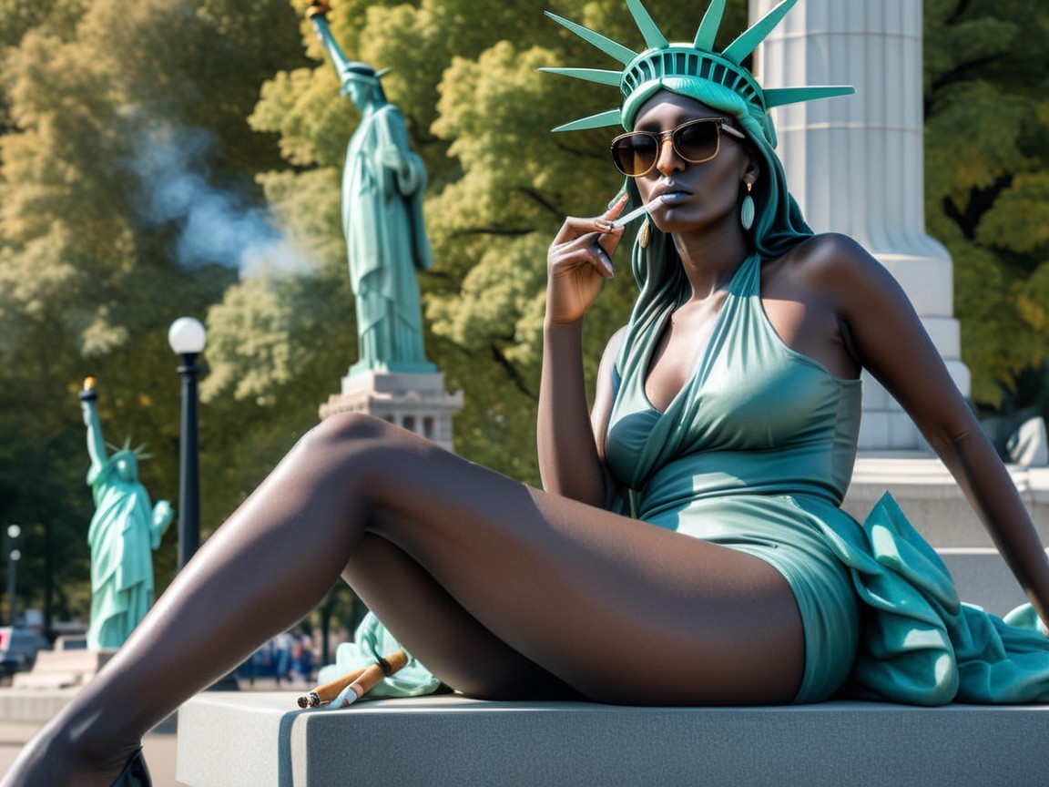 Stylish Figure in Green Dress Among Statue Replicas