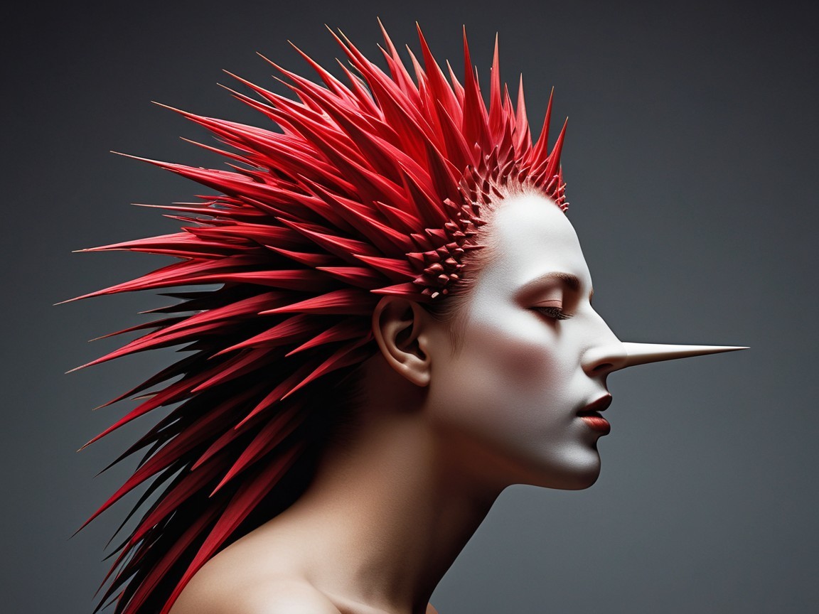 Profile of a woman with red spiky hair and white face