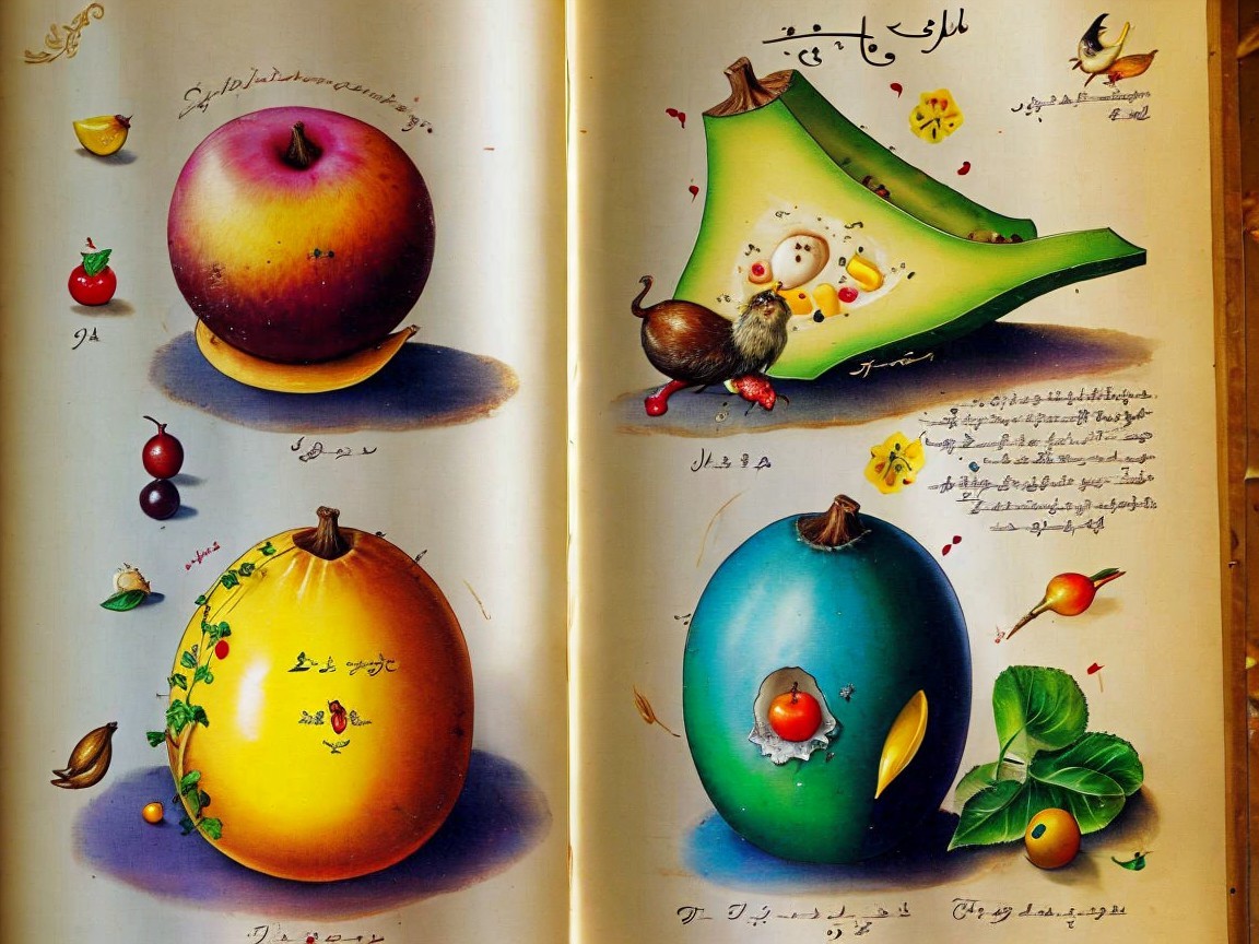 Illustrated Historical Botanical Page with Fruits