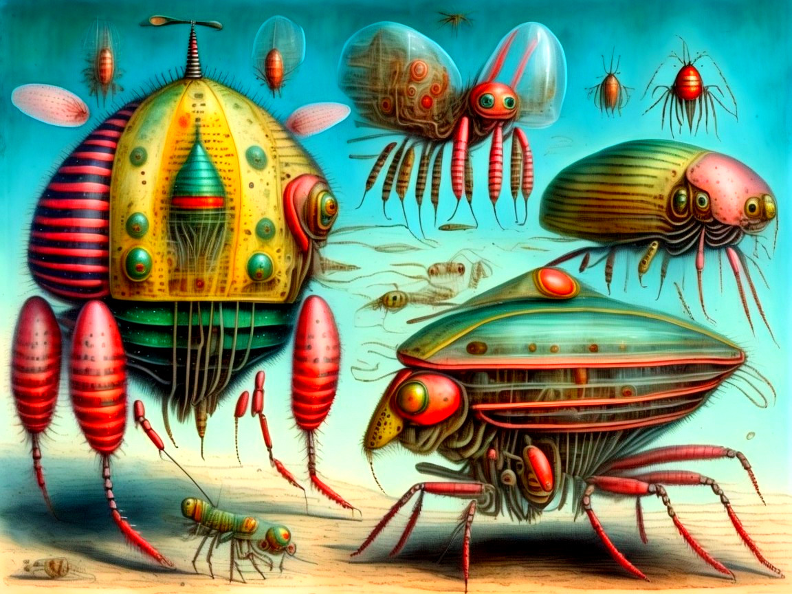 Colorful Futuristic Insect-Like Creatures in Surreal Setting