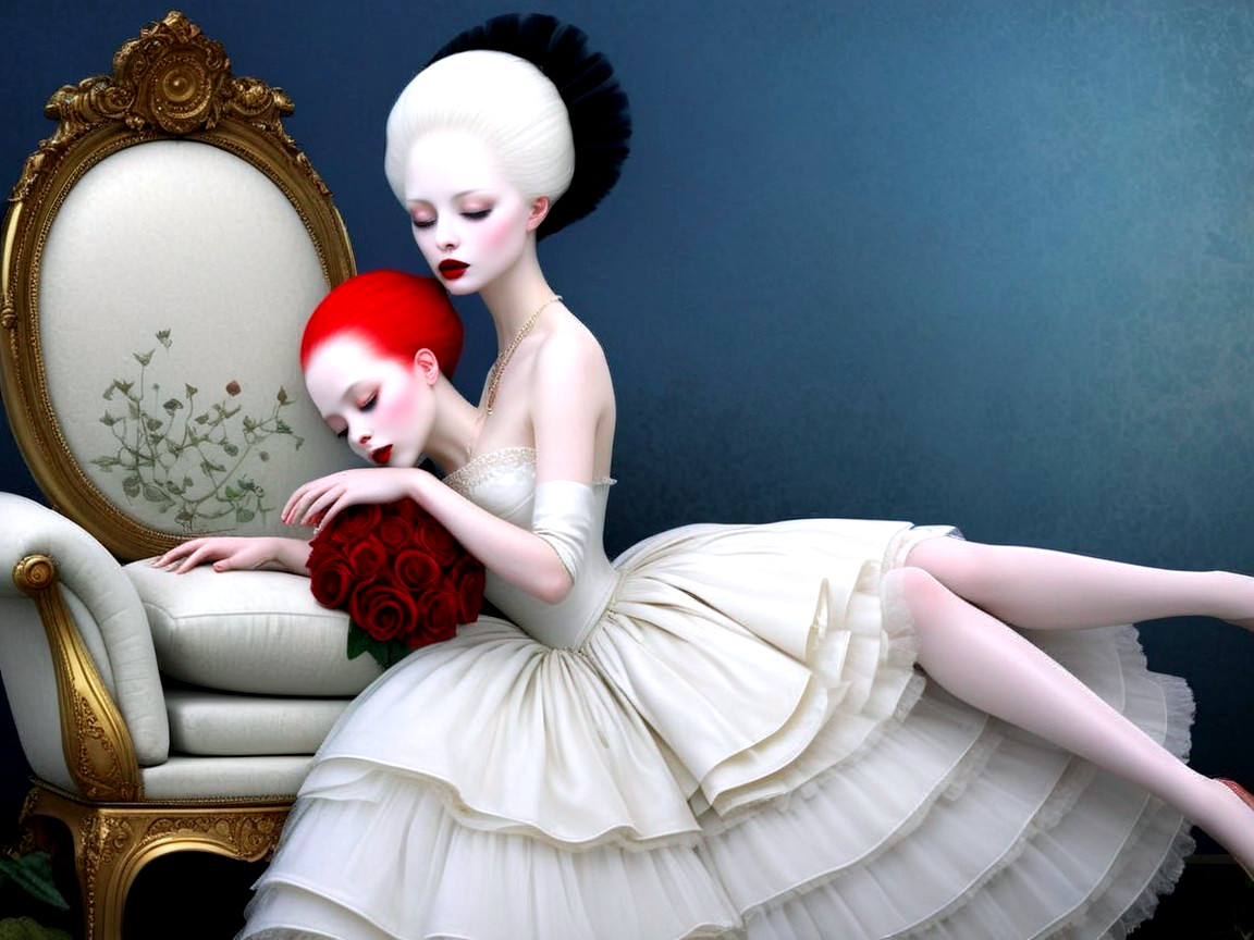 Elegant Figures in Surreal Dreamy Setting with Roses