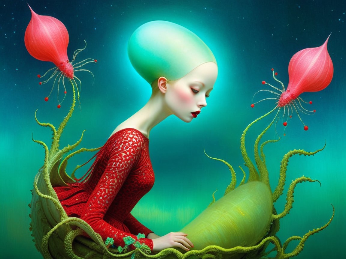 Surreal Scene of Figure with Green Head in Nature
