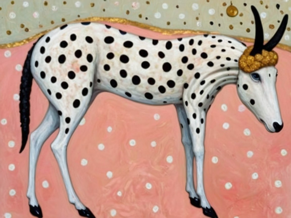 Elongated horse-like creature in oil painting with spots