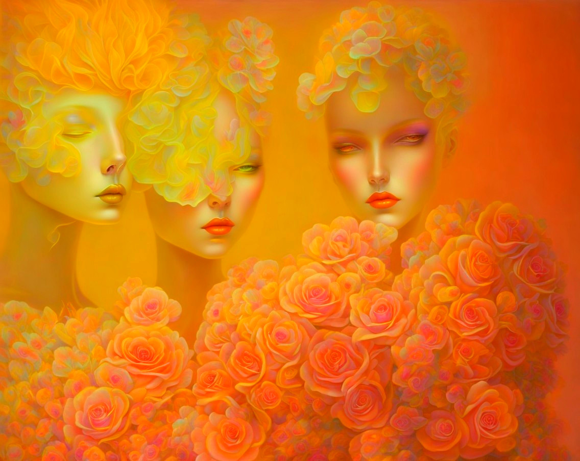 Ethereal Female Figures with Vibrant Hair and Roses