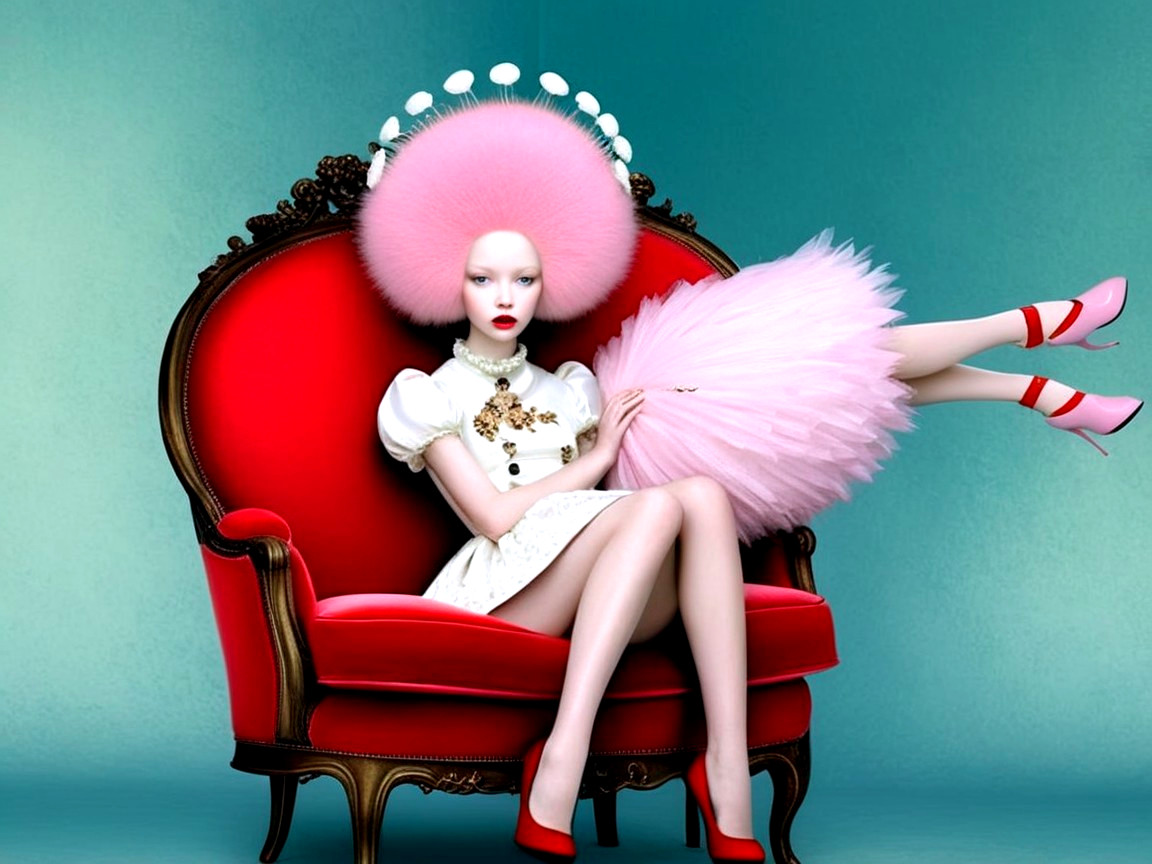 Surreal Doll Figure in Velvet Armchair with Tutu Skirt
