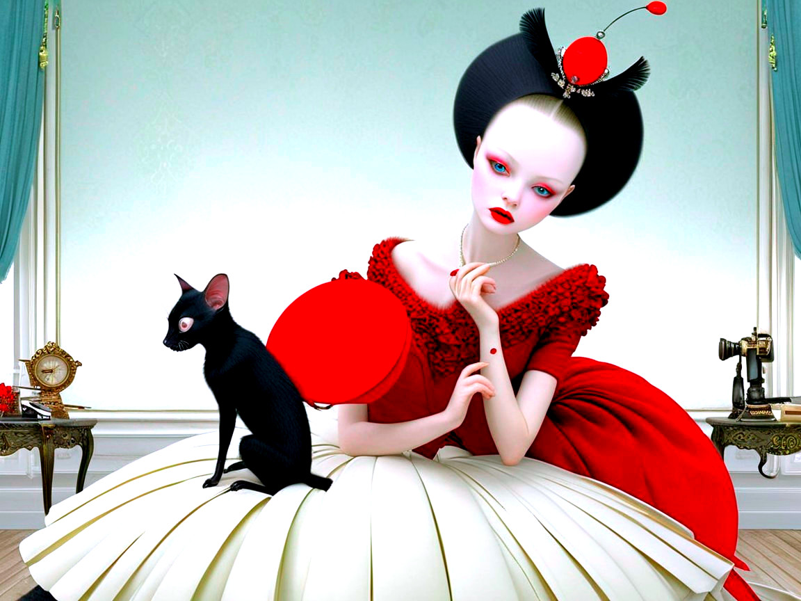 Doll-like Woman in Boudoir with Cat and Accessories