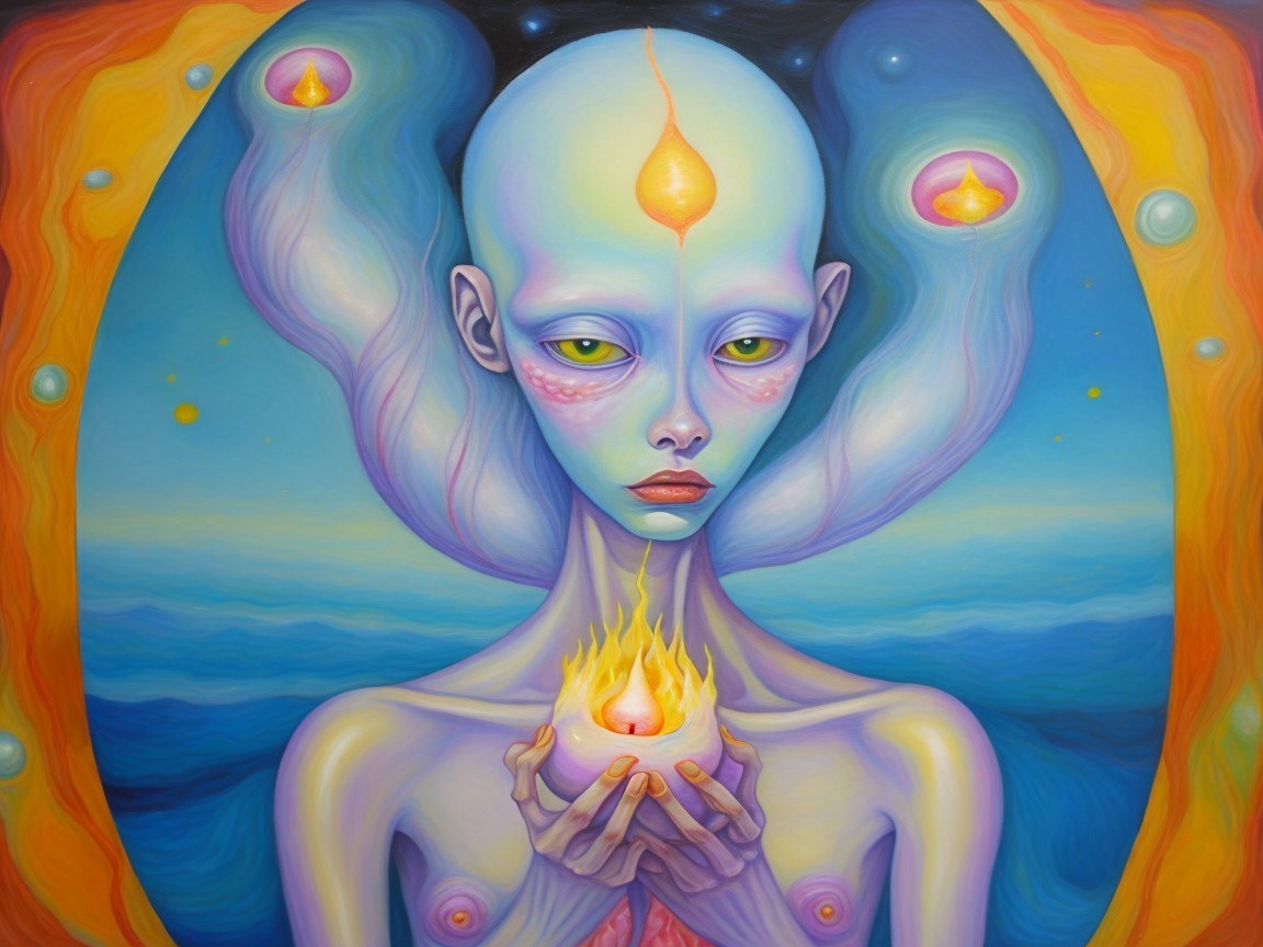 Surreal Figure with Flame Orb in Ethereal Landscape
