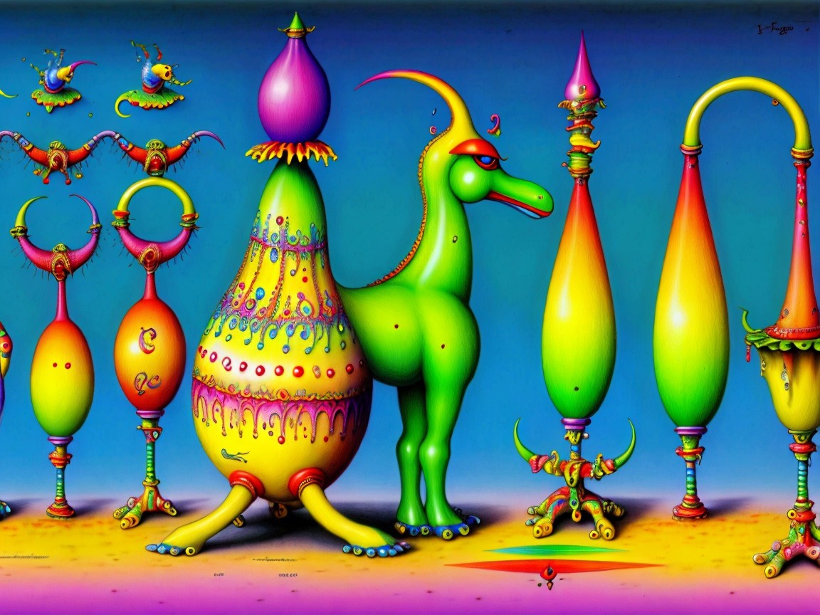 Surreal Landscape with Whimsical Creatures and Colors