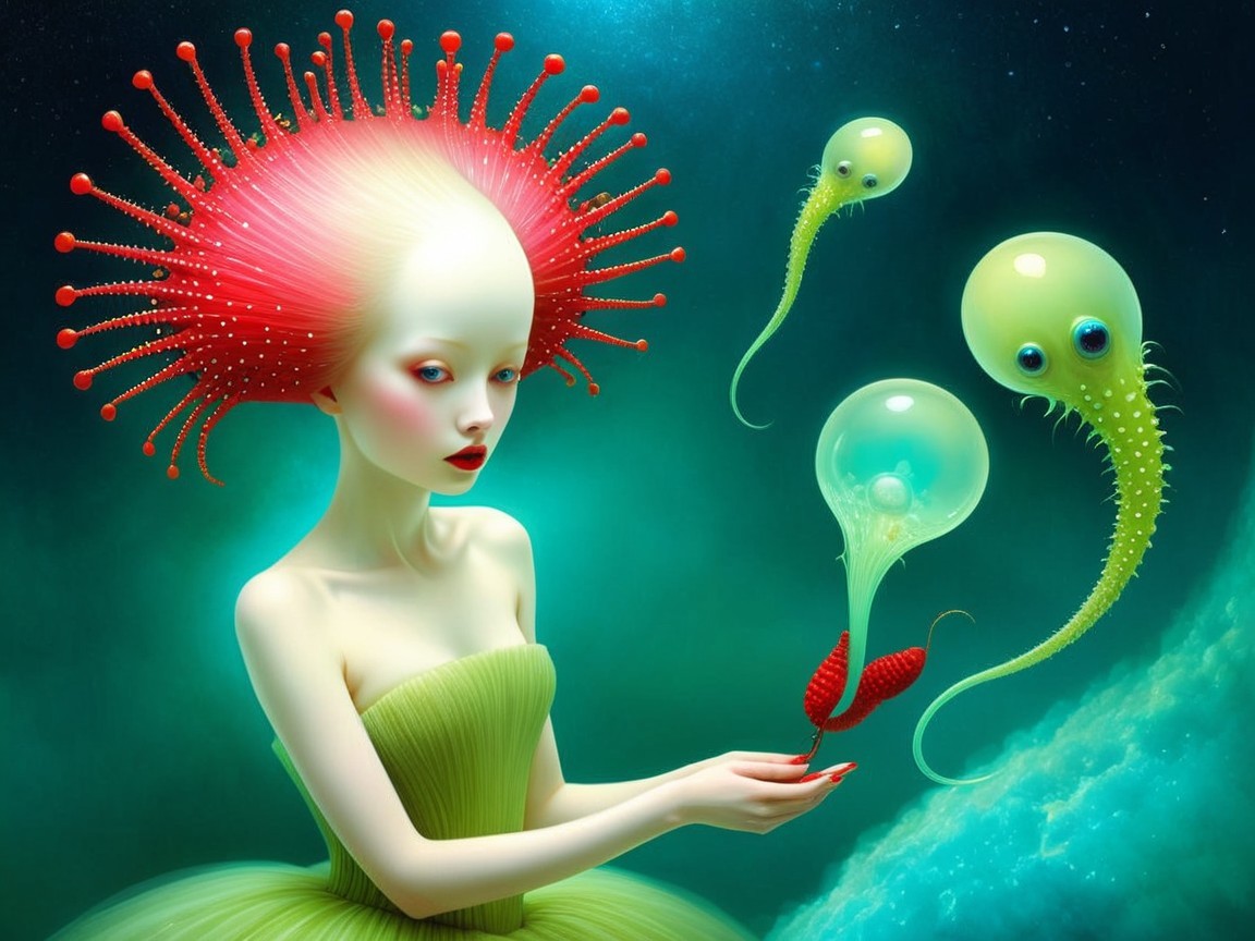 Whimsical Scene of a Girl with Coral Hairstyle and Creatures