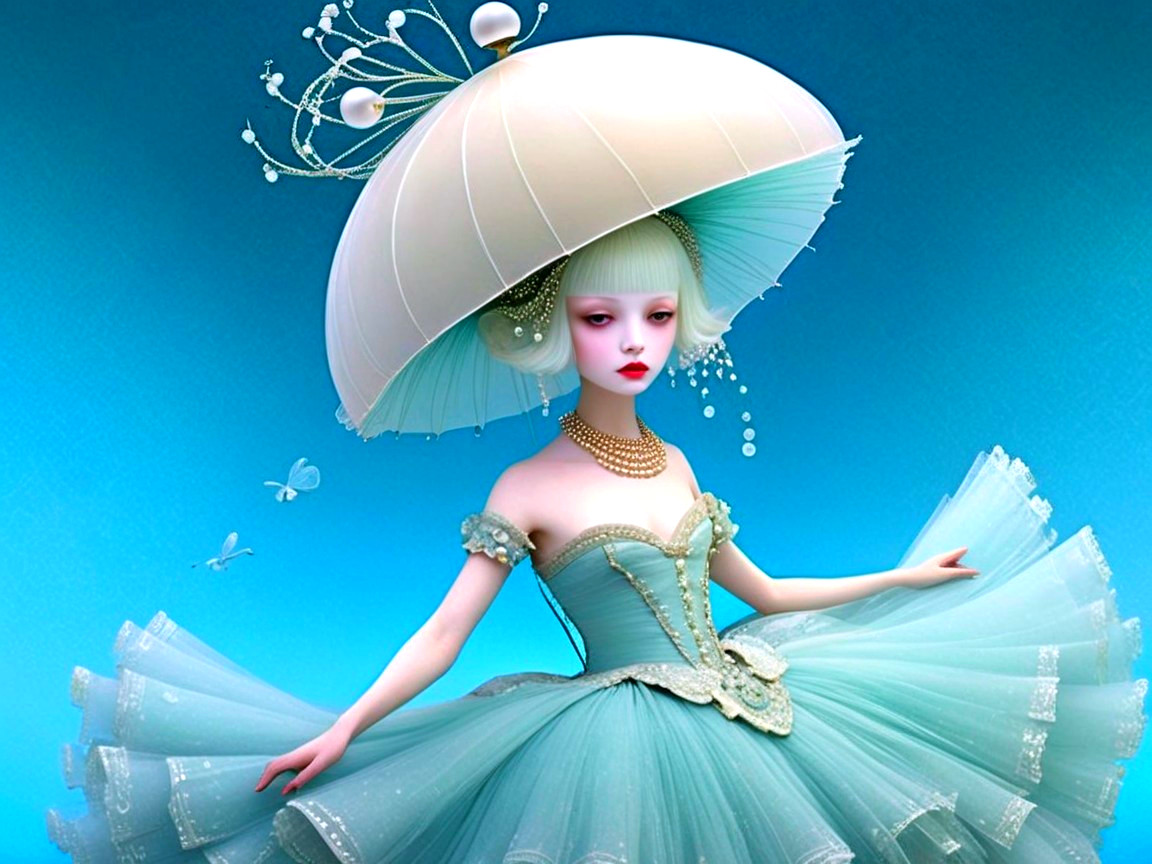 Whimsical Figure in Aquamarine Gown and Jellyfish Hat